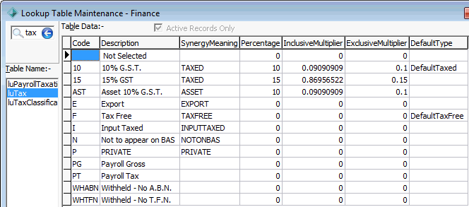 luTax lookup table
