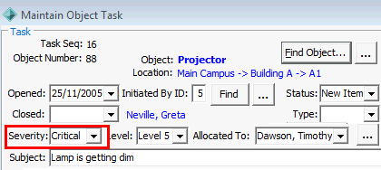 Maintain Object Task (cut down, severity level highlighted)