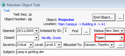 Maintain Object Task (cut down, type highlighted)