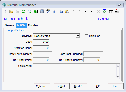 Material Maintenance - Supply tab