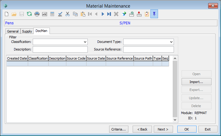 Materials Maintenance - DocMan tab