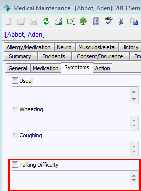 Medical Maintenance - Asthma tab - Symptoms sub-tab (Sick-bay, cut down)
