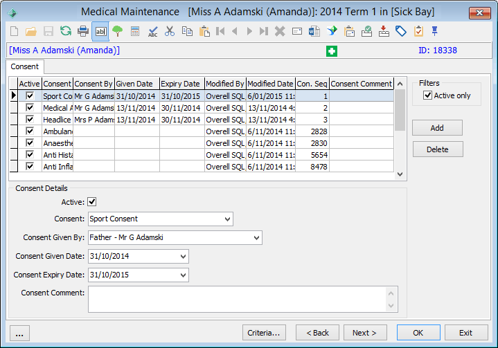 Medical Maintenance - Consent tab