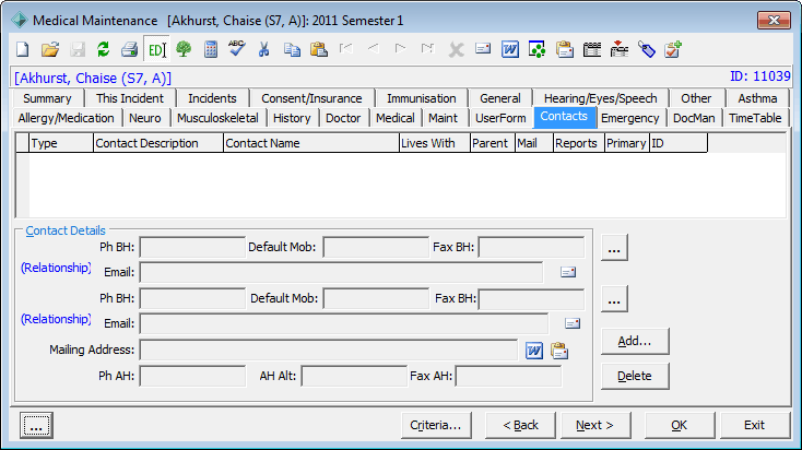 Medical maintenance - Contacts tab (sick-bay)