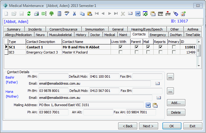 Medical Maintenance - Contacts tab