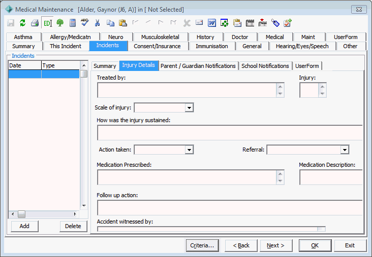 Medical Maintenance - Incidents tab - Injury Details sub-tab (Sick-bay)