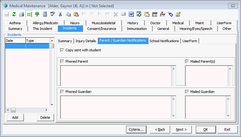 Medical Maintenance - Incidents tab - Parent Guardian Notifications sub-tab (Sick-bay)