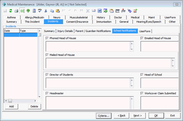 Medical Maintenance - Incidents tab - School Notifications sub-tab (Sick-bay)