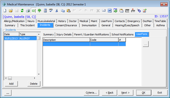 Medical Maintenance - Incidents tab - UserForm sub-tab (medical centre)