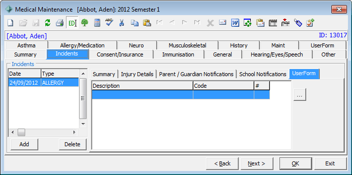 Medical Maintenance - Incidents tab - UserForm sub-tab