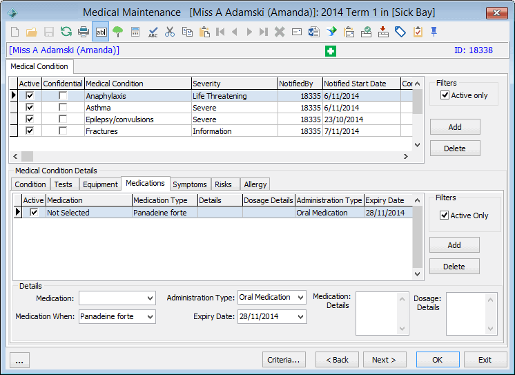 Medical Maintenance - Medical Condition tab - Medications sub-tab