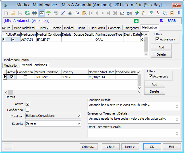 Medical Maintenance - Medication tab - Medical Conditions sub-tab