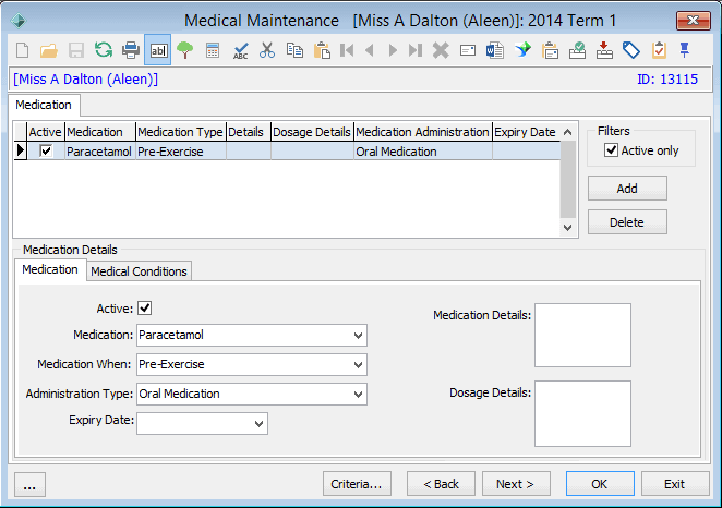 Medical Maintenance - Medication tab