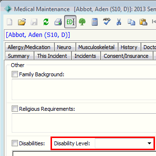 Medical Maintenance - Other tab (cut down, disability level highlighted)