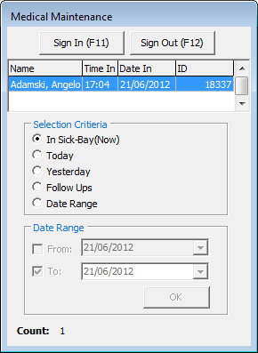 Medical Maintenance - Selector panel (student signed in)
