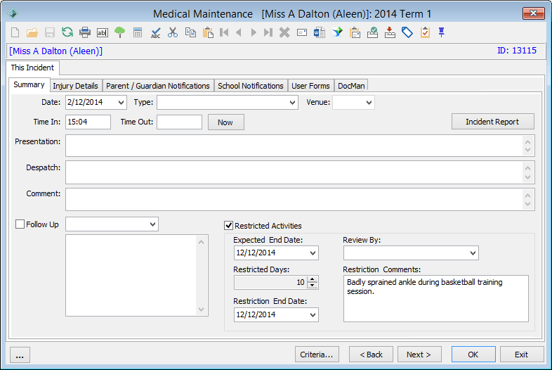 Medical Maintenance - This Incident tab