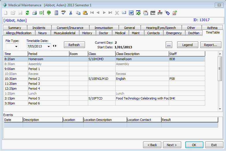 Medical Maintenance - Timetable tab