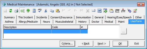 Medical maintenance - UserForm tab