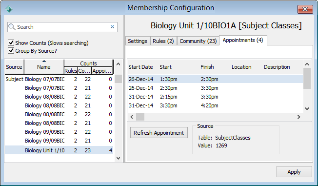 Membership Configuration - Appointments tab