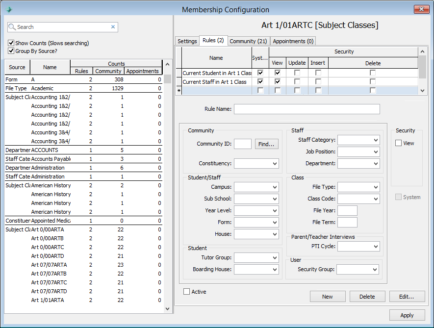 Membership Configuration - Rules tab