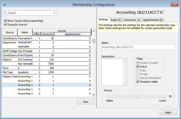 Membership Configuration window