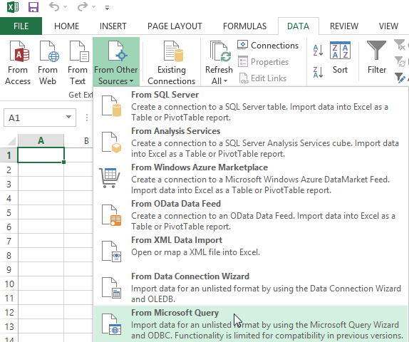Microsoft Excel - New Database Query (Excel 2013)