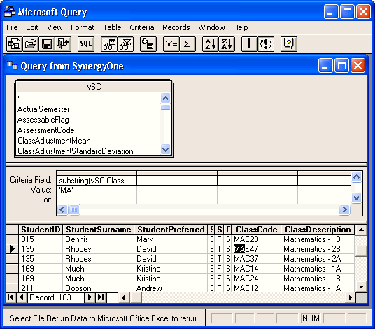 Microsoft Query window