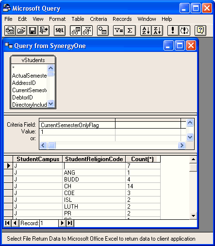 Microsoft Query (populated, insert SQL example)