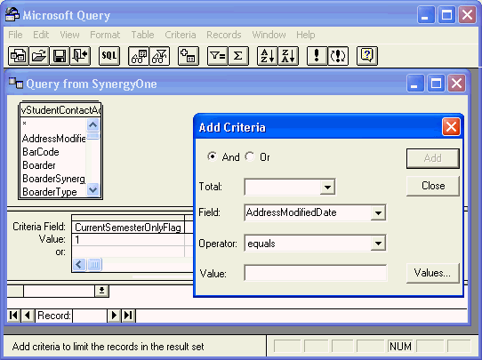Microsoft Query - Add Criteria window
