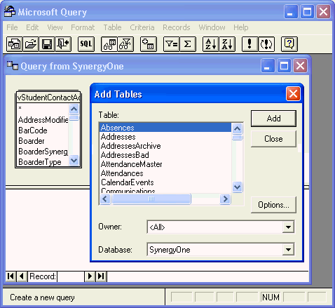 Microsoft Query - Add Tables window