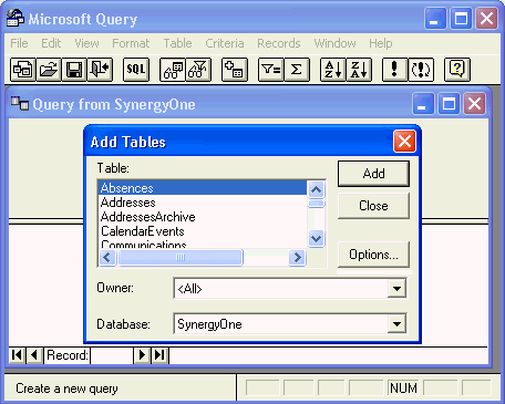 Microsoft Query - Add Tables window