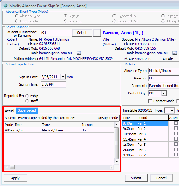 Modify Absence Event (sign in, all day absence superseded)