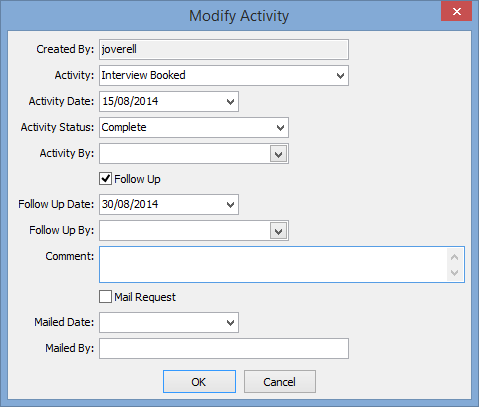 Modify Activity window (from Activities tab)