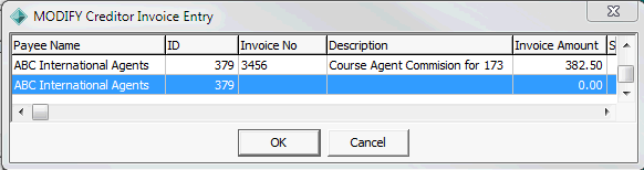 Modify Creditor Invoice Entry window