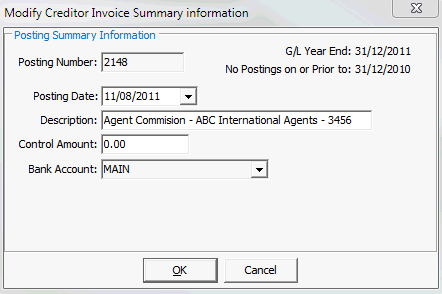 Modify Creditor Invoice Summary information window