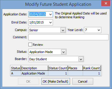 Modify Future Student Application window