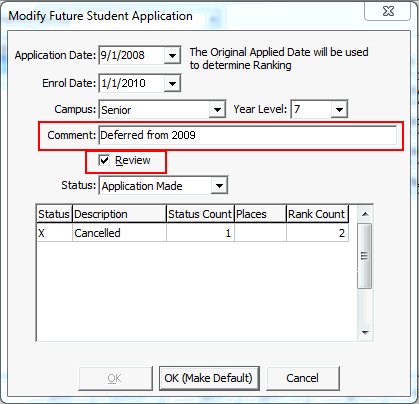 Modify Future Student Application window