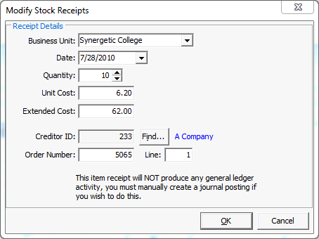 Modify Stock Receipts window