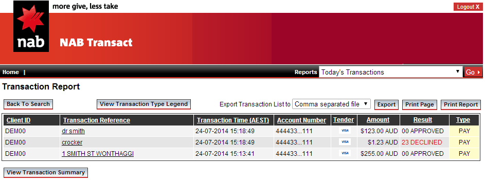 NAB Transact (transaction report page, cut down)