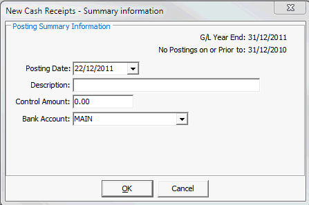New Cash Receipts - Summary Information window