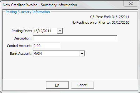 New Creditor Invoice  - Summary Information window
