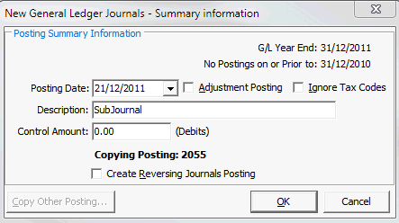 New General Ledger Journals Summary Information window (copying GL journals)