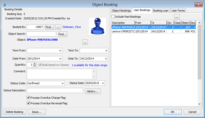Object Booking - User Bookings tab
