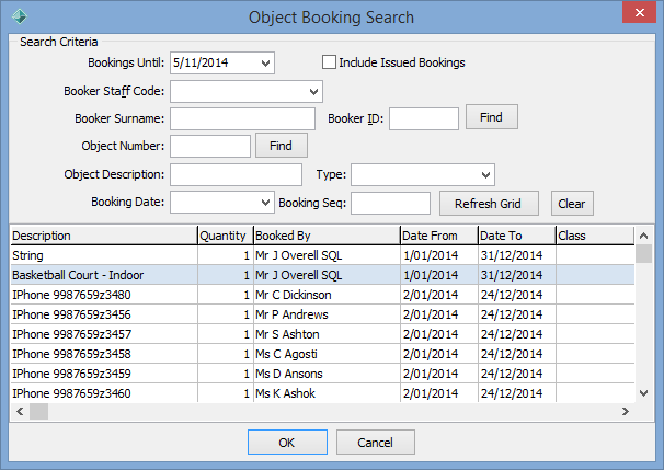 Object Booking Search window