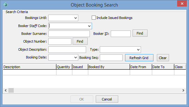 Object Booking Search window