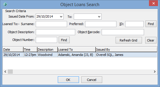 Object Loans Search window (populated)