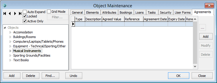 Object Maintenance - Agreements tab