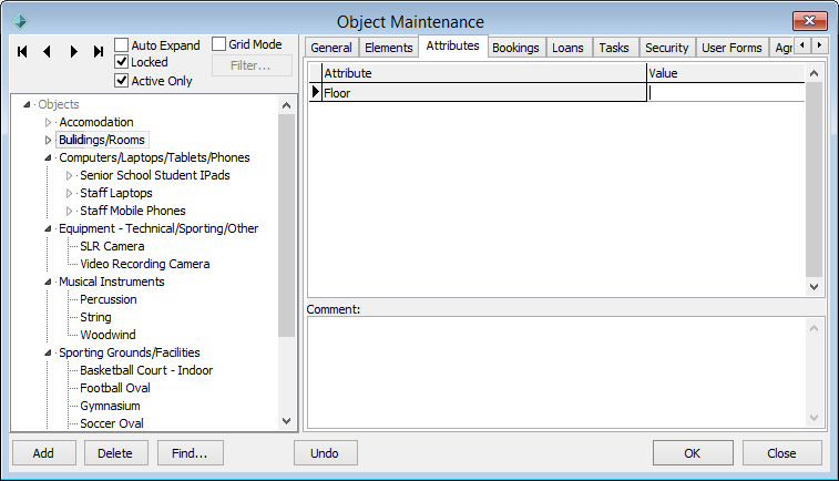 Object Maintenance - Attributes tab