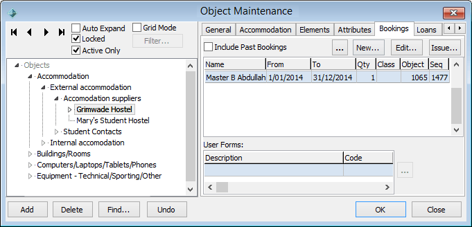 Object Maintenance - Bookings tab