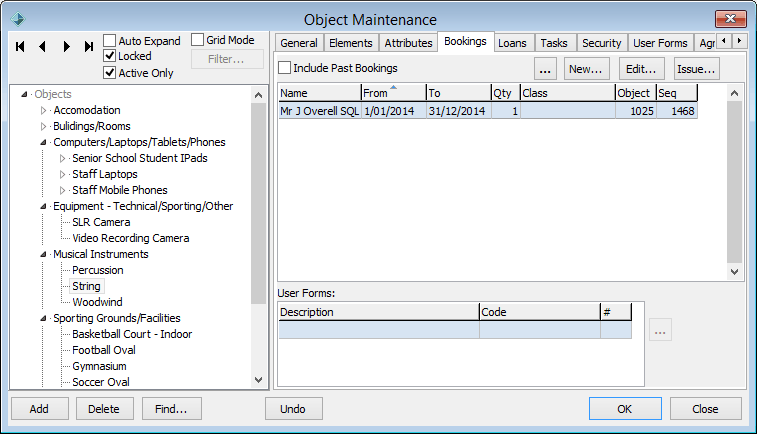 Object Maintenance - Bookings tab